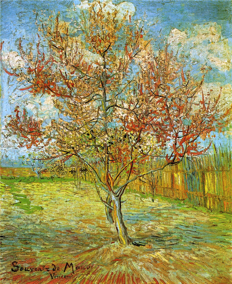 Pink Peach Tree In Blossom. Reminiscence Van Gogh Oil Painting